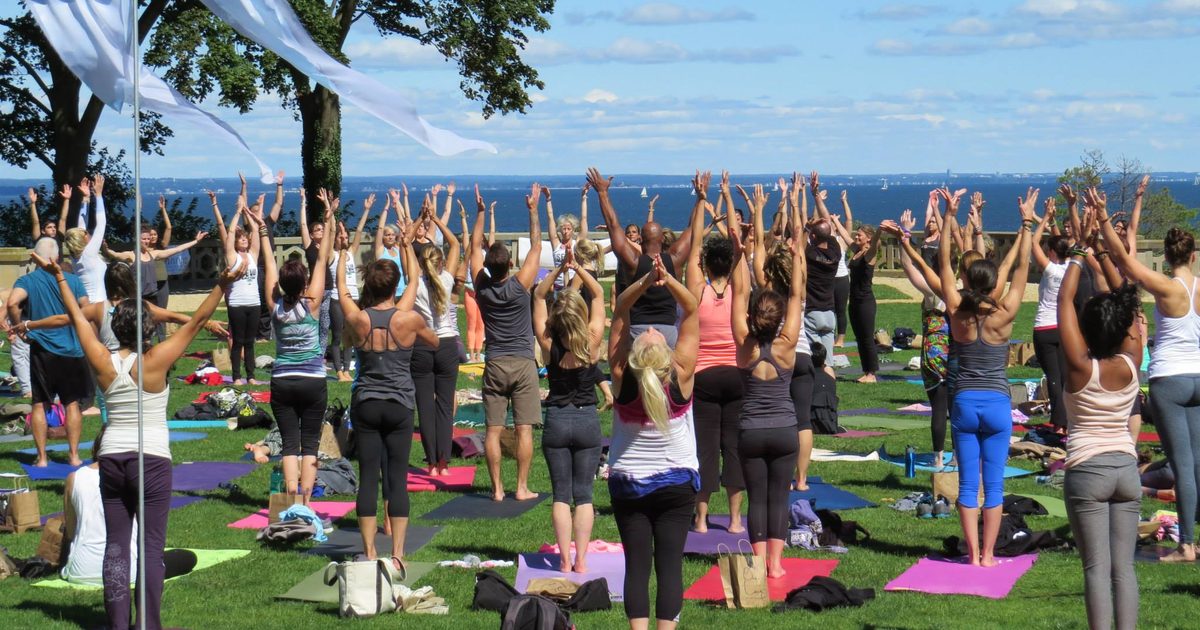 A large group practicing yoga outdoors on a lawn by the water with arms raised