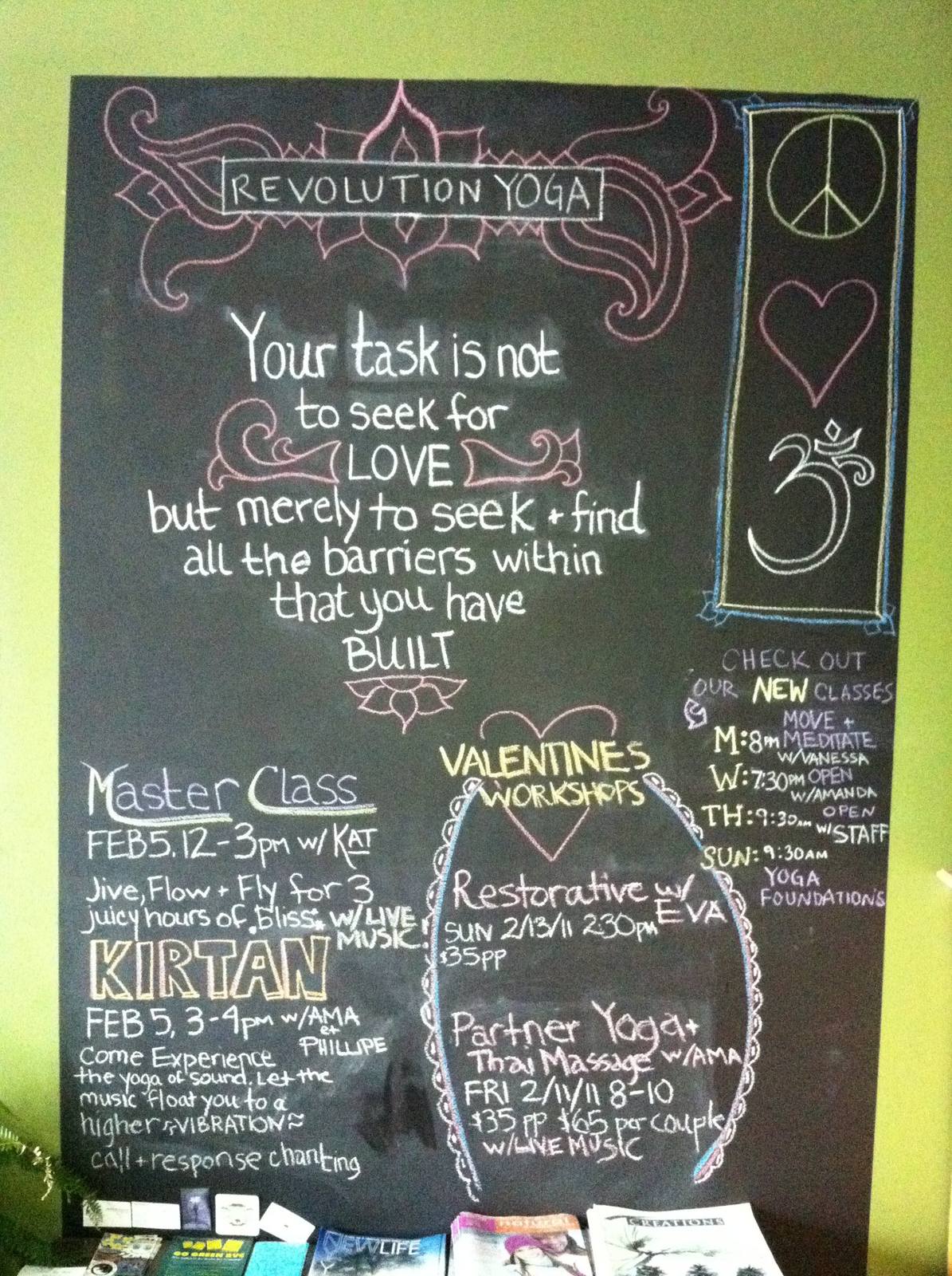 Original handwritten Revolution Yoga class chalkboard, 2011