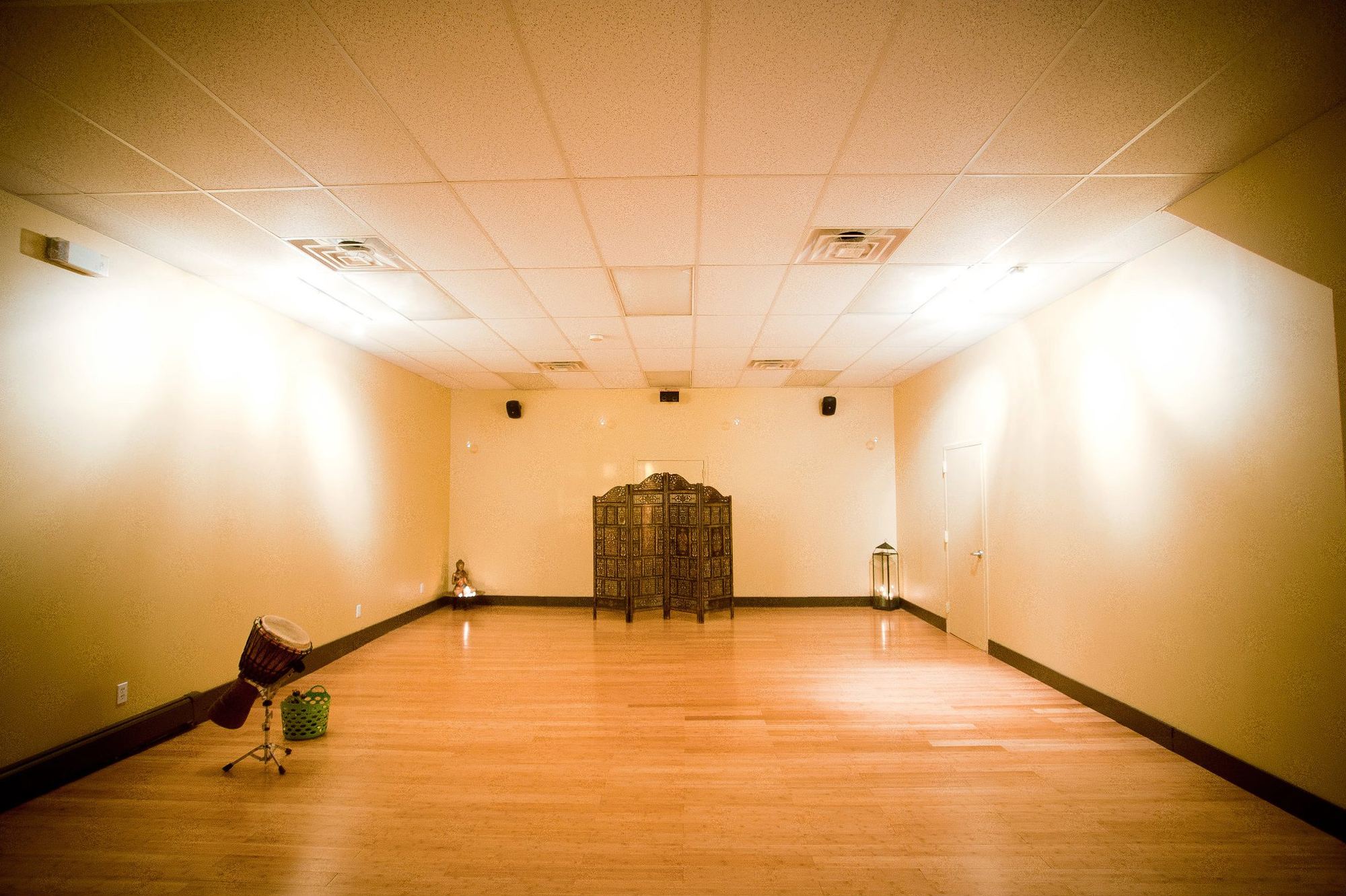 Inside the Revolution Yoga studio in Rockville Centre, warm light and mats laid out