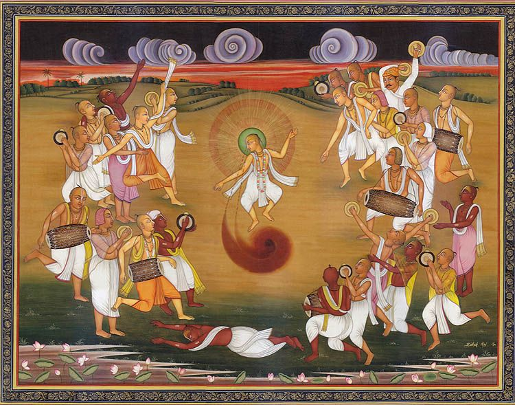 Sri Chaitanya Mahaprabhu leading sankirtana with devotees playing mridangas and karatalas