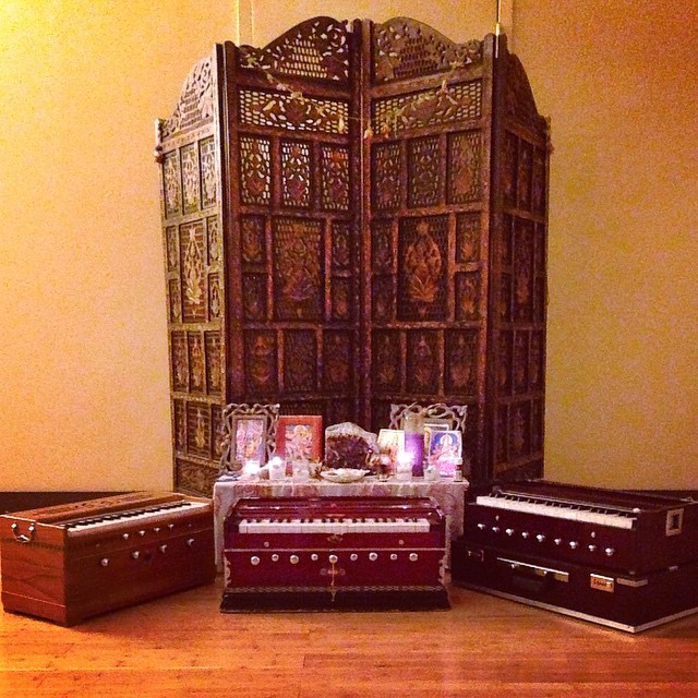 Harmoniums and altar at Revolution Yoga