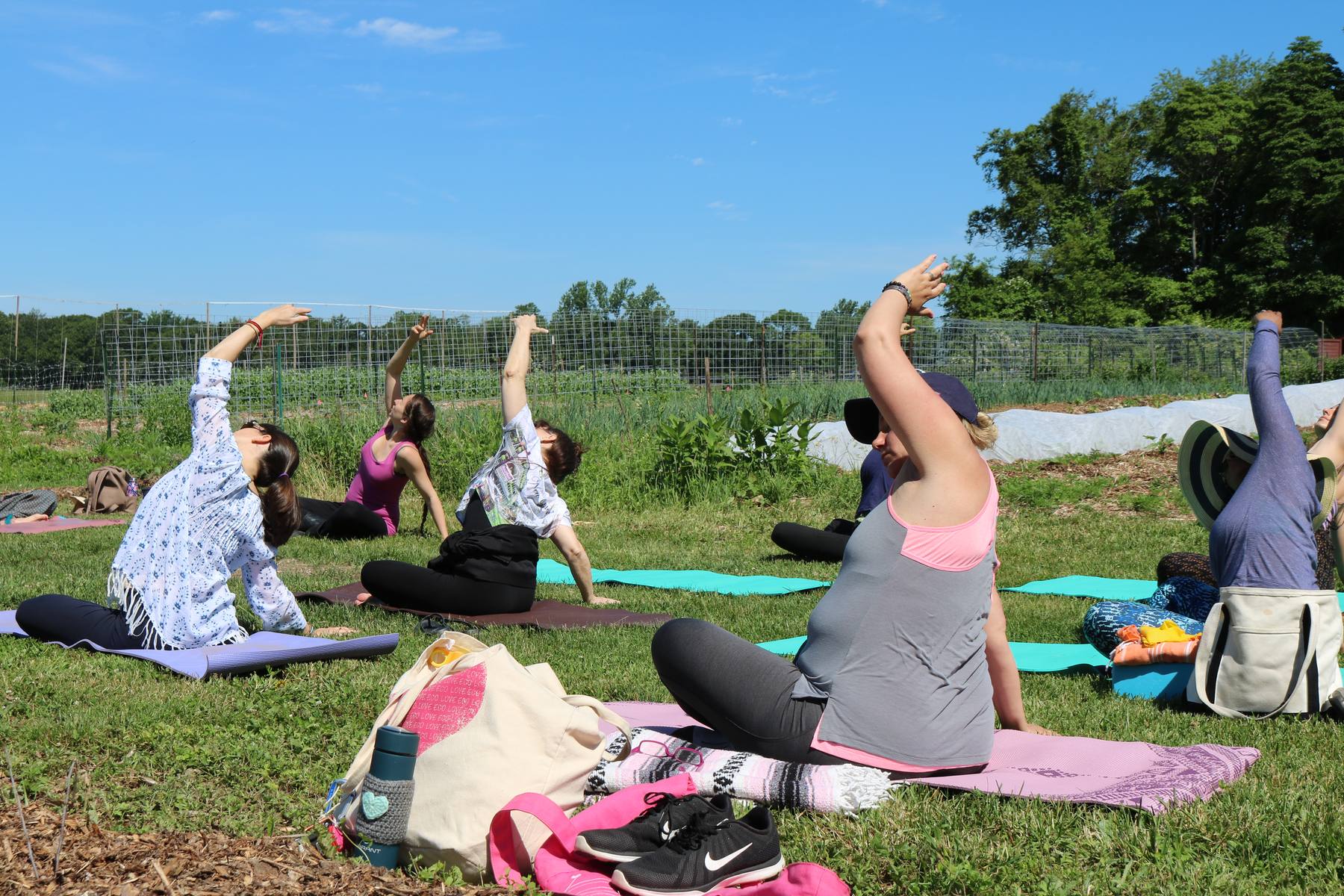 Outdoor yoga class stretching on the grass at a farm retreat