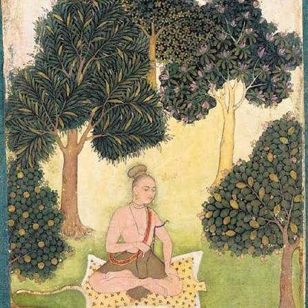 Classical Indian painting of a meditating yogi in a grove of trees