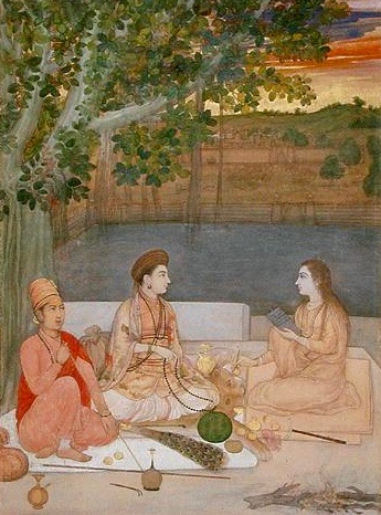 Classical painting of scholars in satsang, studying under a tree