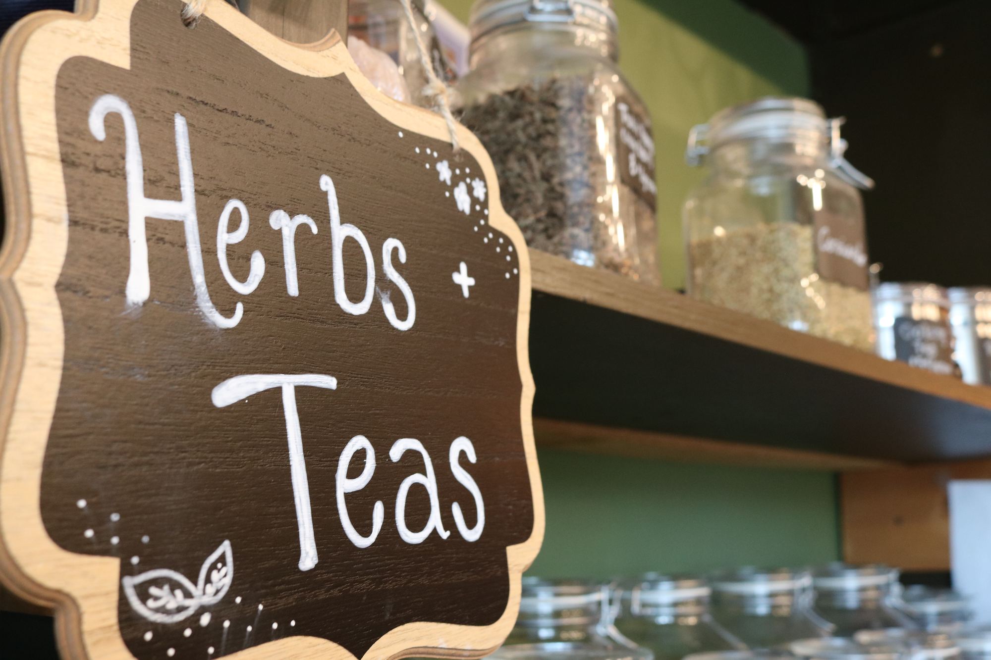 Herbs and Teas sign in the Eco Apothecary shop at Revolution Yoga, Rockville Centre