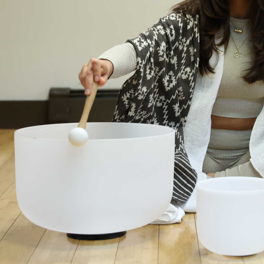 Crystal singing bowl in sound healing session